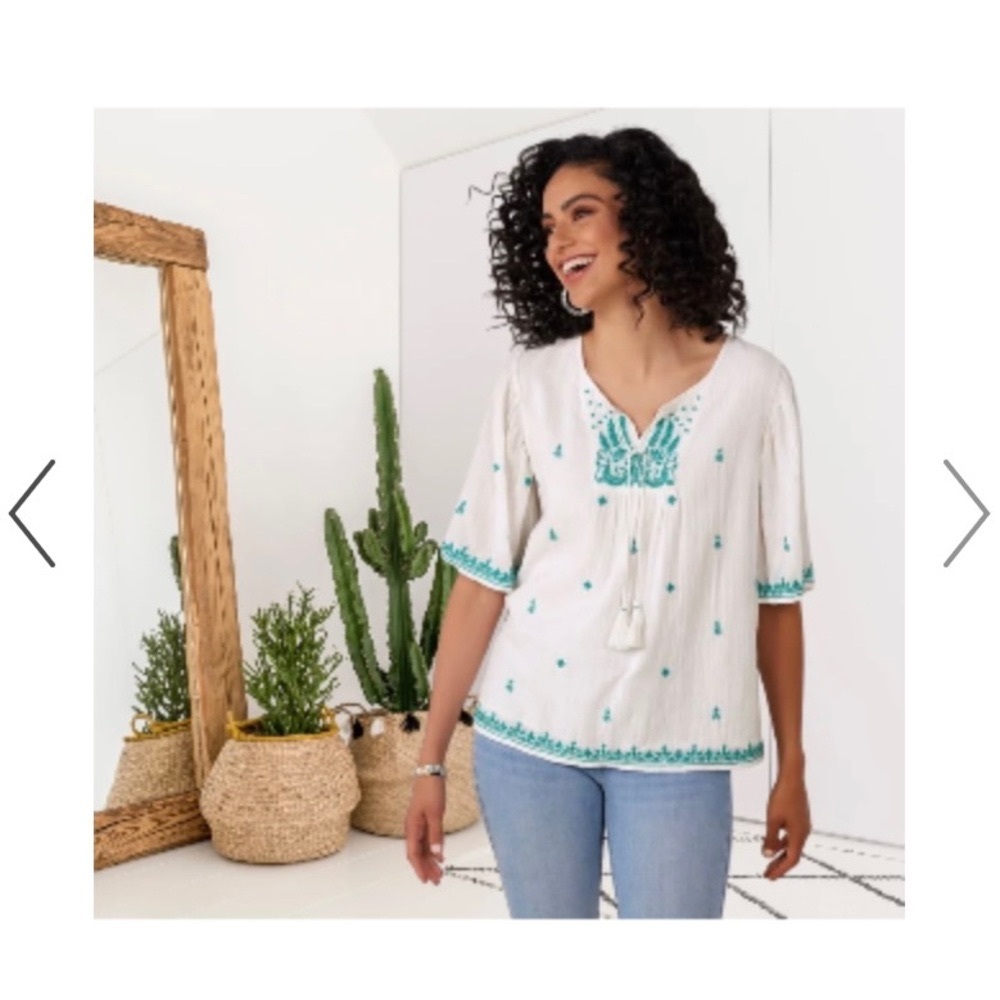 Soft Surroundings Womens Boho White and Teal Embroidered Oliana Top, L NEW